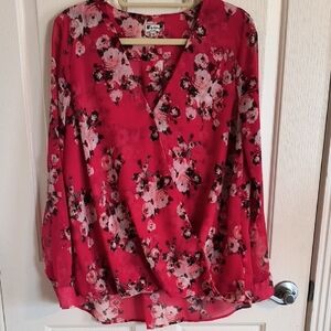 Kut from the Kloth Red Floral Sheer Wrap Bubble Hem Hi-Low Blouse XL EUC